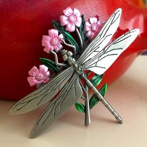 JJ JONETTE JONES Vintage Pewter Dragonfly Pink Flowers Pin Brooch